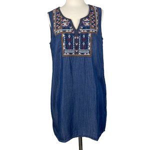 Given Kale Chambray Dress Sz Medium Sleeveless Blue Embroidered Neck Boho Casual